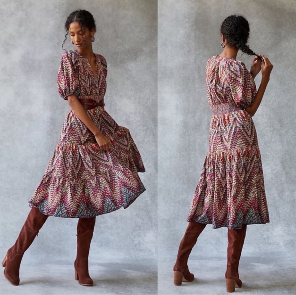 Anthropologie Joyce Puff Sleeve Tiered Midi Dress 10 - Picture 16 of 16
